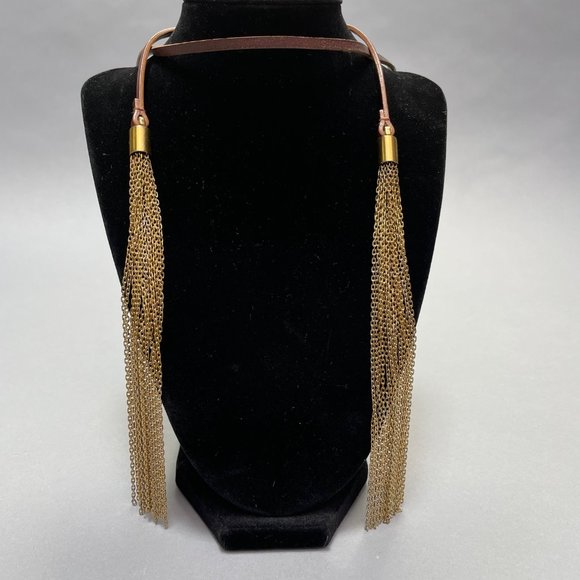 Michael Kors Brown Leather Double Gold Tassel Tie Necklace - Picture 3 of 5